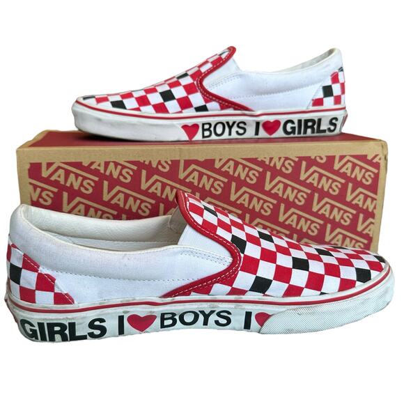 Vans Slip Ons Size Womens 11 Mens 9.5 Red White Black Checkered - Picture 1 of 9